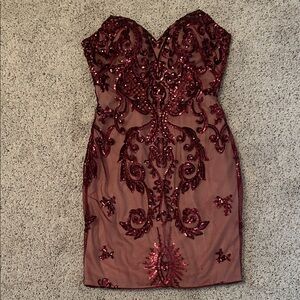 Home Coming Dress any special occasion! Strapless Burgundy & Nude Sequin Dress!
